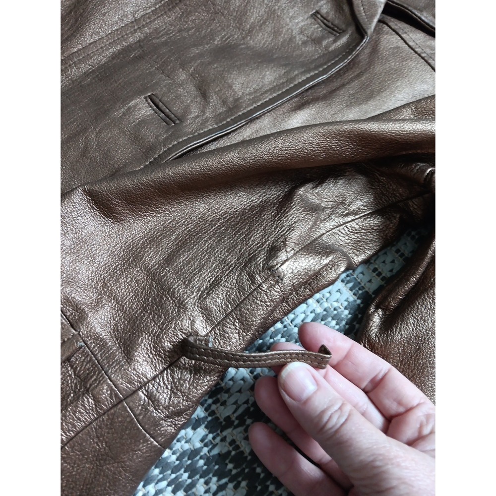 VTG Leather Trench Coat Belted Women Small Metalic Gold Belted‎ Countryside Chic - Picture 16 of 16